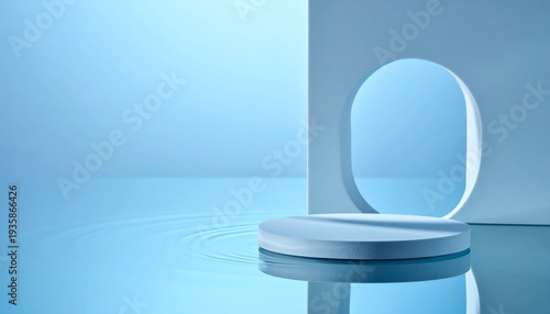 Minimalist Blue Stage with Circular Elements for Product Display and Presentation.