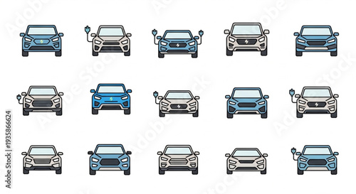 Collection of Electric Cars Front View Flat Design.
