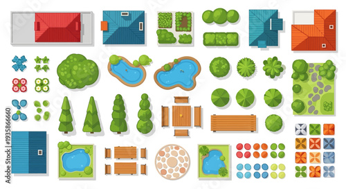Aerial view of various building and landscape elements in a flat style