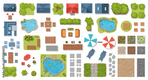 Aerial view of various building tops pools and landscape elements