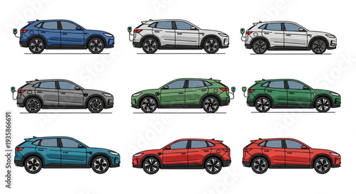 Collection of Electric Cars in Various Colors and Angles.