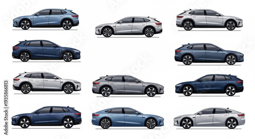 Collection of Electric Cars in Various Colors and Angles.