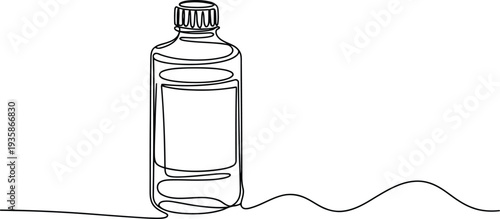 This minimalist illustration shows a tall bottle with a textured cap drawn in a single continuous black line