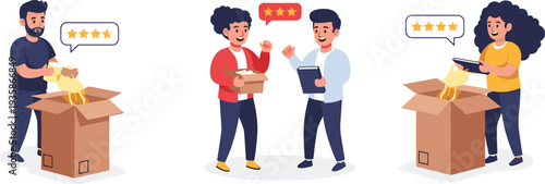 Customer product review concept illustration, people giving five star rating after unboxing purchase, feedback satisfaction online shopping experience
