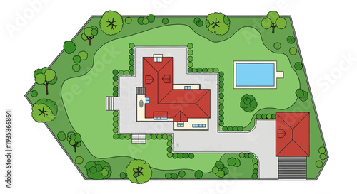 Aerial view of a modern house with a landscaped garden and swimming pool