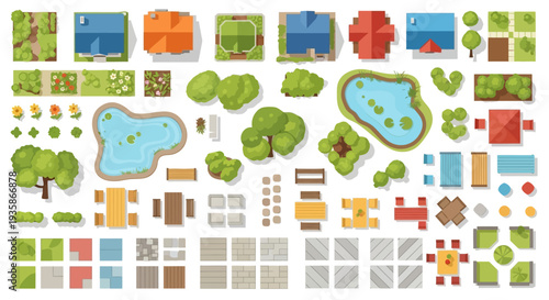 Aerial view of various landscape elements and building rooftops