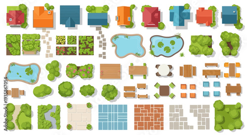 Aerial view collection of various building and landscape elements