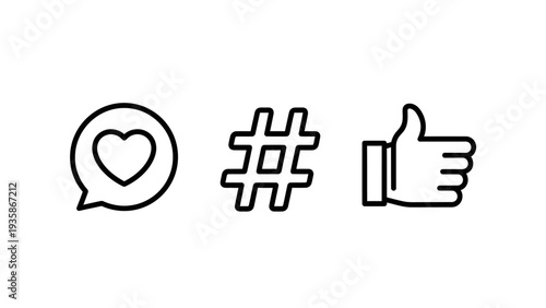 Social media icons: speech bubble with heart, hashtag symbol, and thumbs up hand. Represents likes, engagement, and communication.
