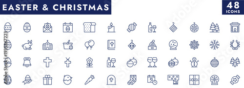 Christmas and Easter vector icon set. Minimalist line icons for holiday celebration, snowflakes, tree, eggs, religion, and seasonal design. Editable outline symbols for web, UI, and print projects