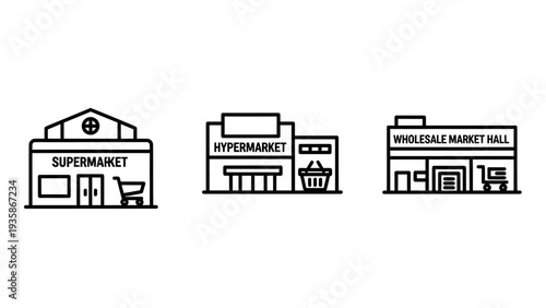 Retail store icons: supermarket, hypermarket, and wholesale market hall. Line art for shopping and commerce.