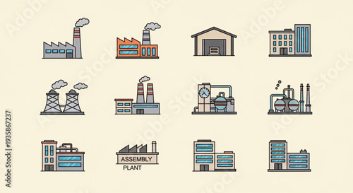 Collection of industrial factory and building icons.