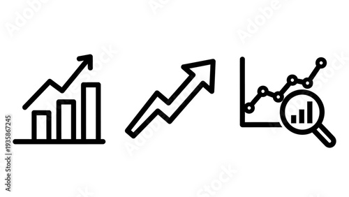 Business growth and analytics icons: Bar chart, arrow graph, and magnifying glass over data points, representing progress and financial analysis.