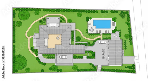 Architectural plan depicting a luxury home with a pool and landscaping