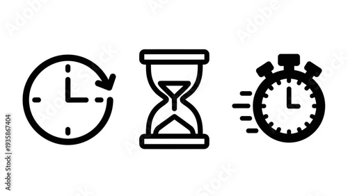 Icons representing time: clock with arrow, hourglass, and stopwatch with motion lines, signifying time management, deadlines, and speed.