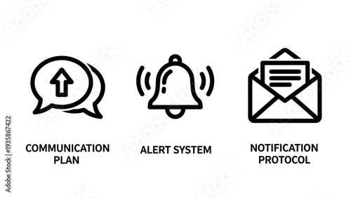 Icons for communication plan, alert system with ringing bell, and notification protocol with envelope, representing alerts, messages, and information flow.