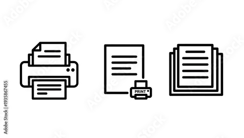 Printing icons: line art for a printer with paper, document with print button, and stack of papers for print jobs.