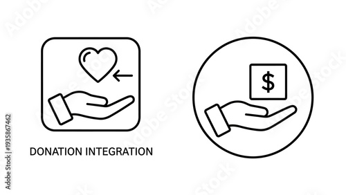 Charity and finance icons: hand holding heart for donation, and hand holding dollar cube for financial support.
