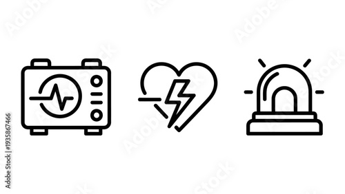 Medical emergency icons: ECG monitor, broken heart with lightning bolt for cardiac arrest, and alarm siren light.