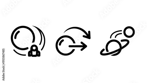 Space exploration icons: rocket launch, orbital trajectory, and planet with satellite for space travel and science.
