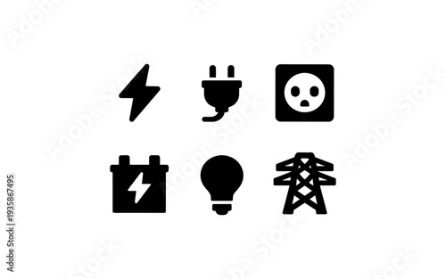 Collection of electrical energy icons including lightning bolt, plug, socket, battery, lightbulb, and pylon