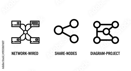 Diagram icons illustrating connectivity and project management: a wired network, node connections for sharing, and a project diagram.