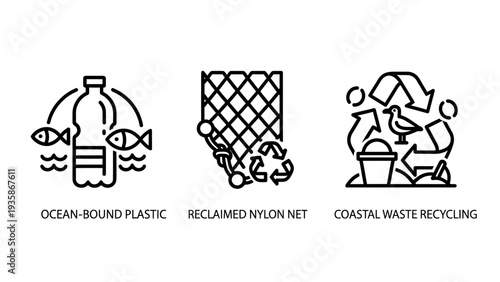 Icons representing environmental solutions: ocean-bound plastic bottle with fish, reclaimed nylon fishing net, and coastal waste recycling process.