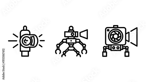 Set of technological icons for cameras and robotics: a camera flash, a multi-legged robot, and a rugged camera rig on wheels.