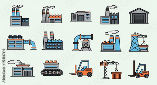 Collection of industrial factory and construction icons.