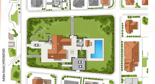 Architectural plan depicting a luxury home with a pool and landscaping