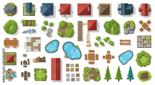 Assorted top down views of buildings trees and landscape elements