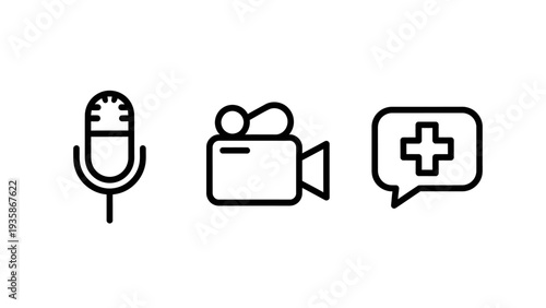 Outline icons for media and healthcare: a microphone for audio, a video camera for visuals, and a speech bubble with a medical cross.