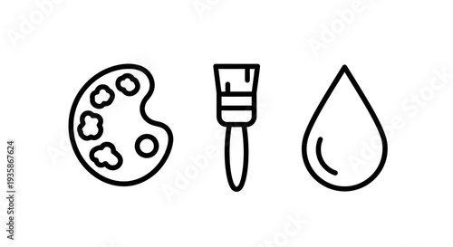 Art and creativity icons: a painter's palette with colors, a paintbrush, and a single drop of liquid, representing artistic creation and materials.