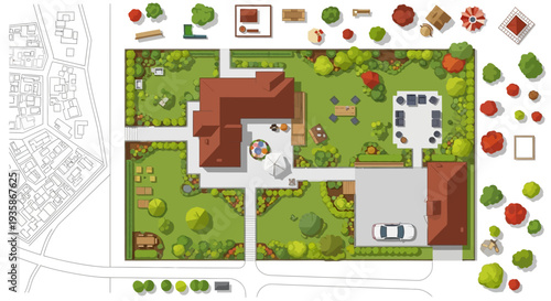 Aerial view of a residential property with garden and surrounding landscape