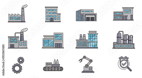 Collection of industrial factory and manufacturing icons.