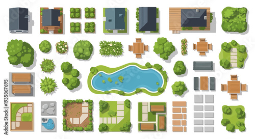 Aerial view of a park with buildings trees and water features