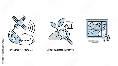 Earth science icons: satellite sensing, vegetation indices magnifying glass, and map with location