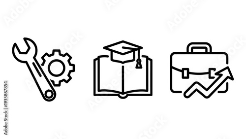 Set of icons representing business, education, and finance growth: tools, graduation cap on book, and briefcase with upward trending graph.