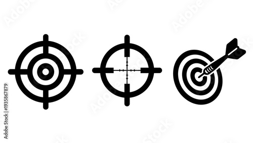 Target icons symbolizing focus, aiming, and success: concentric circles target, crosshair scope, and dart hitting bullseye.