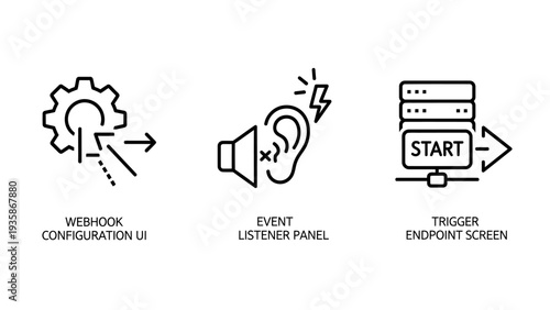 Icons for software development and IT: webhook configuration, event listener panel with sound waves, and server trigger screen with start arrow.