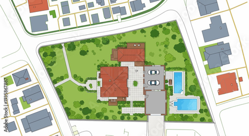 Aerial view of a residential property plan with a house pool and garden