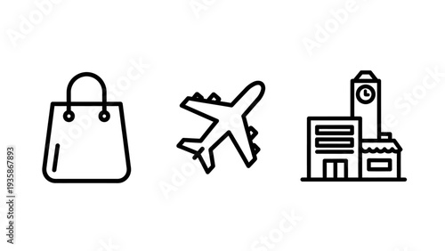 Icons for travel and commerce: shopping bag, airplane, and retail building with clock tower, representing shopping, travel, and local business.