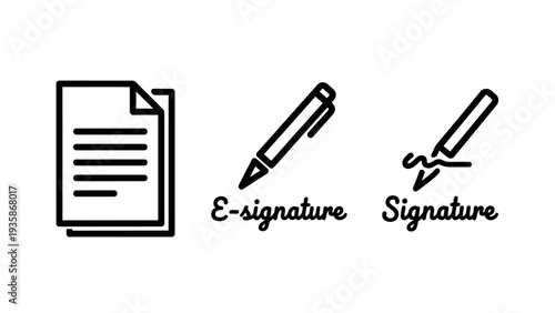 Icons representing e-signature and signature process with a document, pen, and stylized autograph, indicating digital document signing and legal agreements.