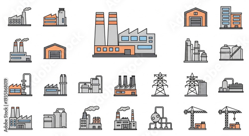 Collection of Industrial Factory and Manufacturing Plant Icons.