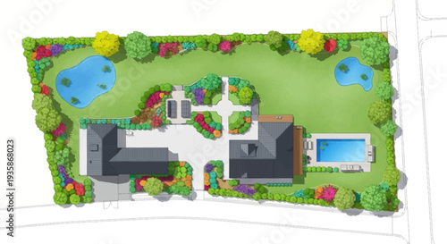 Architectural plan depicting a luxury home with extensive landscaping and water features