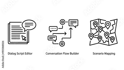 Icons for dialog script editor with a cursor on text, conversation flow builder with connected speech bubbles, and scenario mapping with location pins on a map.