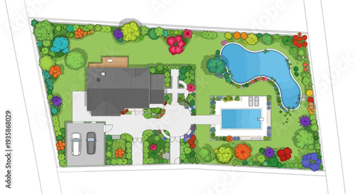 Detailed landscape plan showing a house pool pond and vibrant gardens