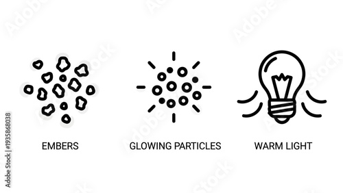 Set of icons showing glowing embers, sparkling particles, and a warm light bulb, representing energy, warmth, and radiant effects for abstract or festive designs.