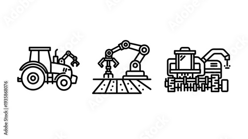 Icons showcasing modern agricultural technology: a tractor with robotic arm, a robot planting in a field, and a combine harvester, representing precision farming and automation.