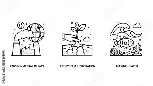 Icons depicting environmental impact from factory smoke, ecosystem restoration with hand planting a seedling, and marine health with fish and coral reef.