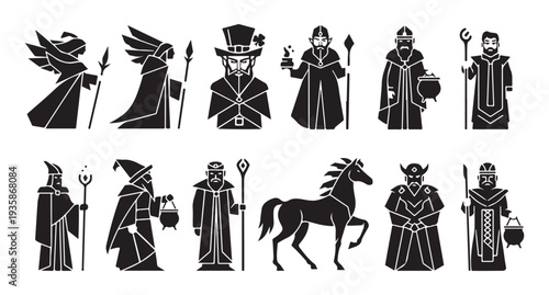 Mythical character vector set fantasy folklore black white icons